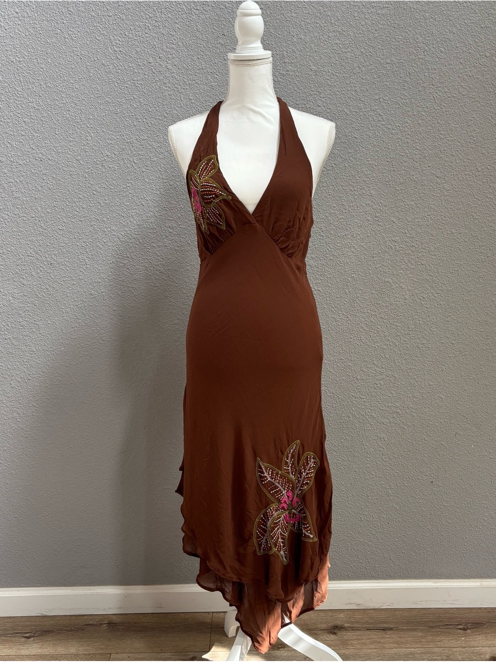Brown Halter Floral Accent Maxi Dress